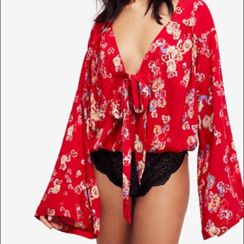 Free People Forties Feels Red Floral Print Bodysuit -  Size Large